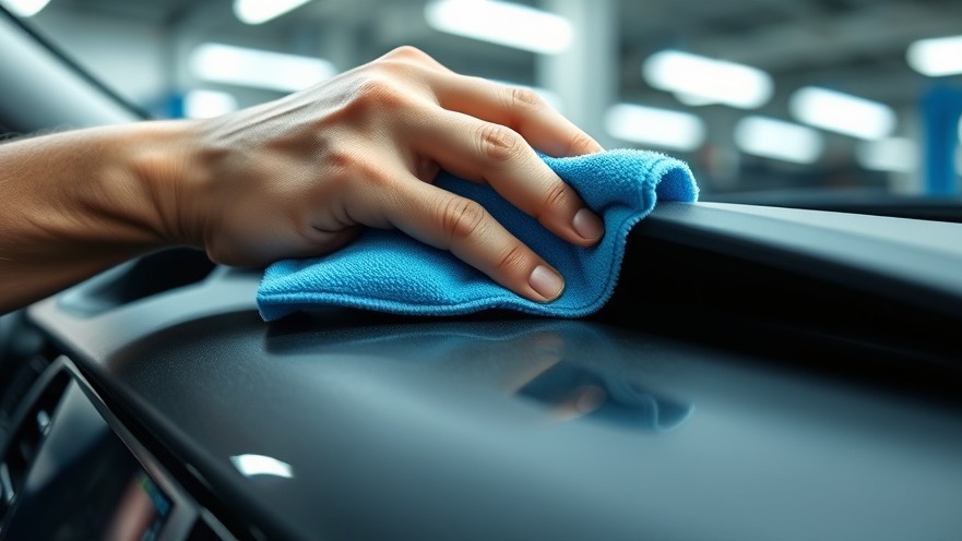 Car cleaning tips: a hand cleaning a vibrant dashboard with a blue microfiber cloth.