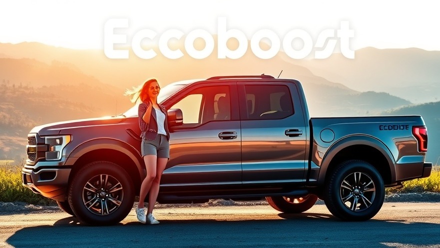 Excited couple with Ford Maverick EcoBoost in scenic landscape, highlighting fuel efficiency.