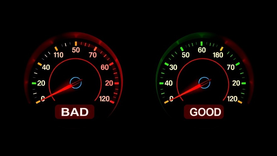 Car speedometers illustrating car maintenance tips for engine health; 'BAD' and 'GOOD' contrast.