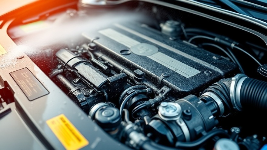 Close-up of a car engine bay showcasing improper vehicle maintenance with steam.