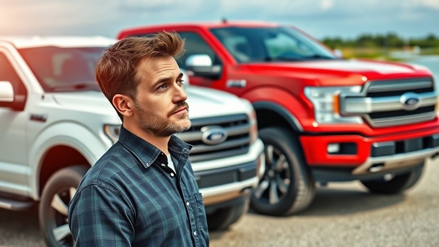 Two modern pickup trucks representing 2025 truck reliability, with a thoughtful person considering options.