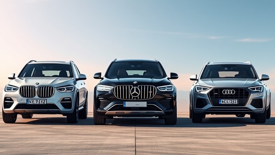 2025 luxury SUVs lineup: Audi Q5, BMW X3, and Mercedes GLC 300 in vibrant detail.