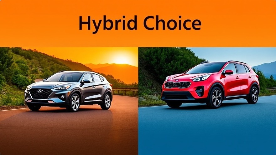Hybrid SUV comparison of Hyundai Tucson and Kia Sportage against a sunset backdrop.