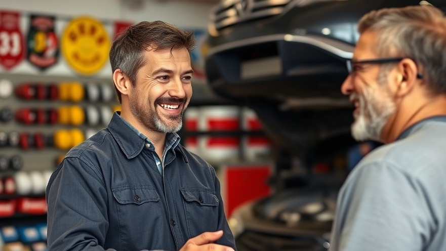 Auto repair shop owner shows customer loyalty with a friendly smile, enhancing positive interactions.