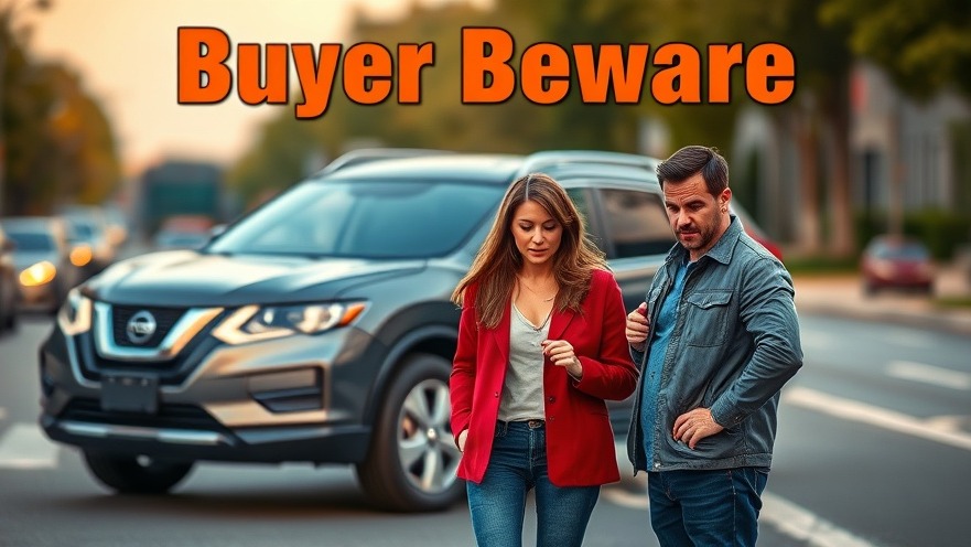 Concerned couple beside a Nissan Rogue, highlighting Nissan Rogue issues.