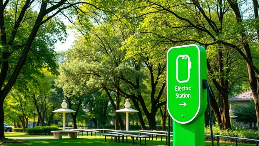 Vibrant green electric vehicle charging station sign promoting EV infrastructure in nature.