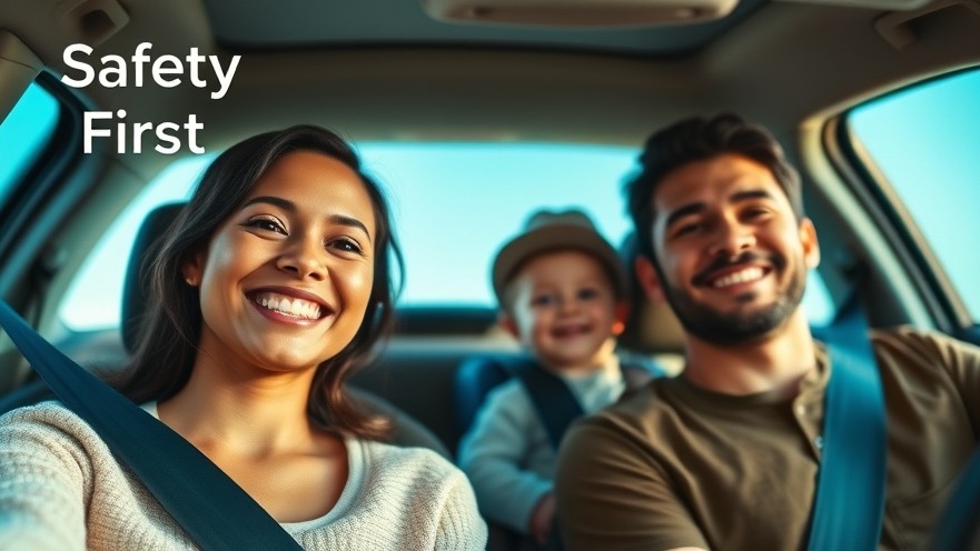 Safety First: Family buckled in car seats under a bright, blue sky.