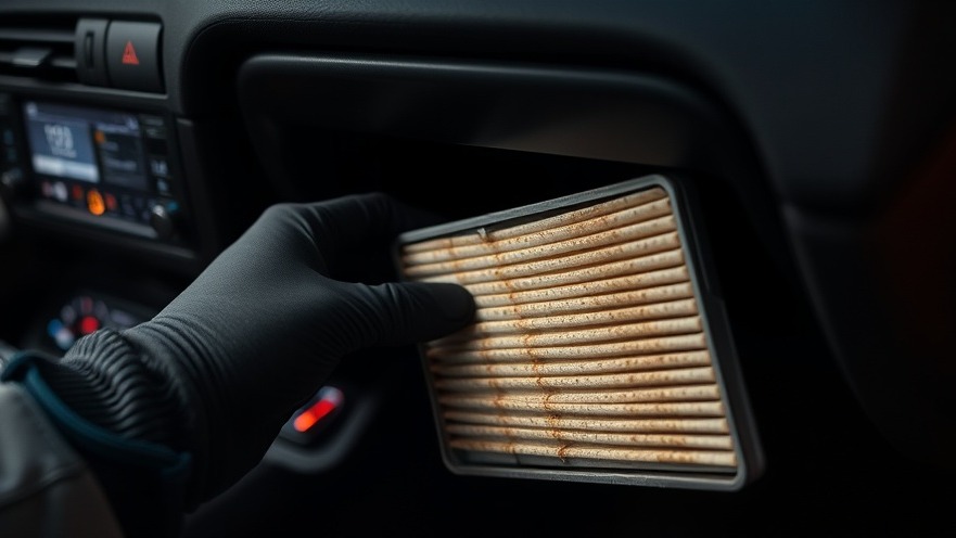 A gloved hand removing a dirty cabin filter, highlighting car maintenance tips.