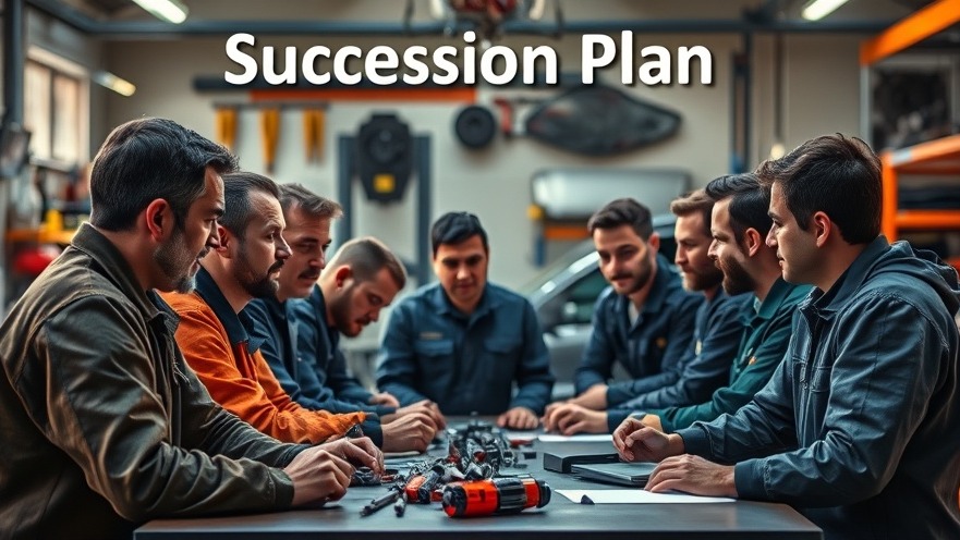 Diverse auto mechanics discussing leadership transitions in a warm, collaborative atmosphere.