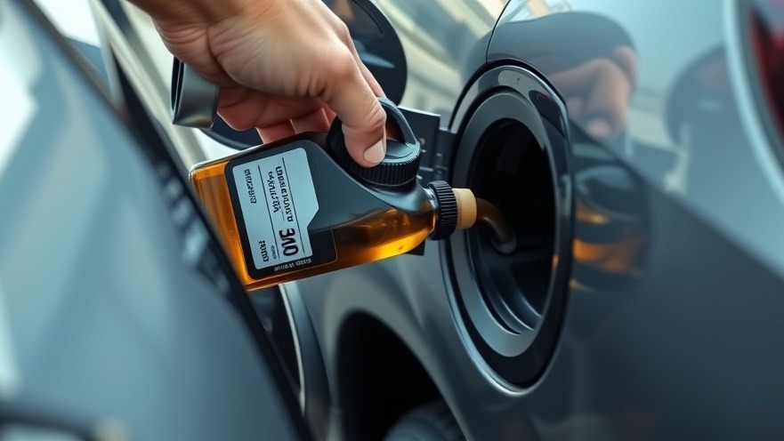 Person adding fuel additive for enhanced engine performance and fuel efficiency.