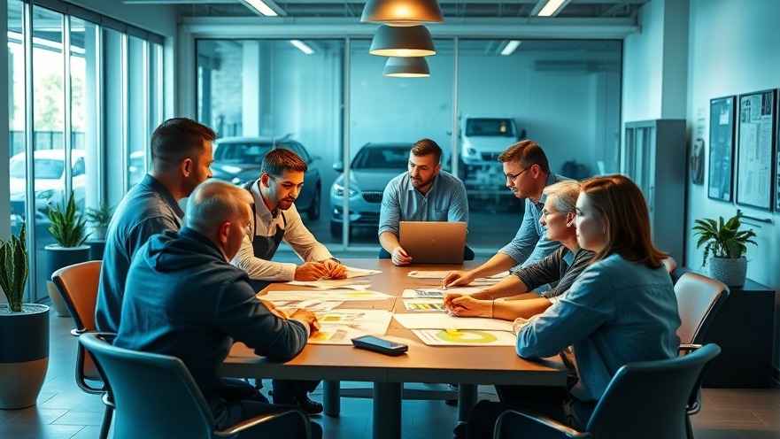 Team alignment in business illustrated in a vibrant auto repair shop meeting.