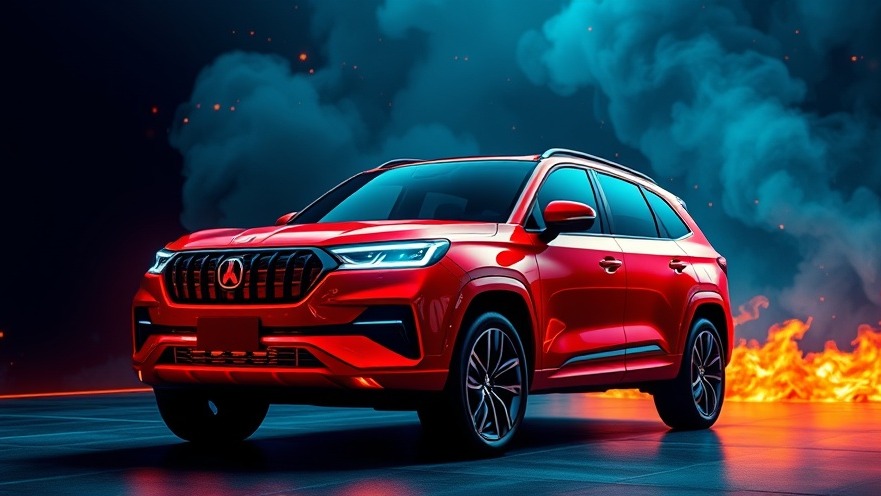 Vibrant red SUV with fiery engine failure warning, embodying unreliable car engines in a dramatic Sci-Fi setting.