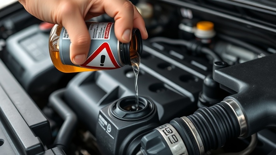 Close-up of a car engine as an additive is poured for fuel economy improvement.