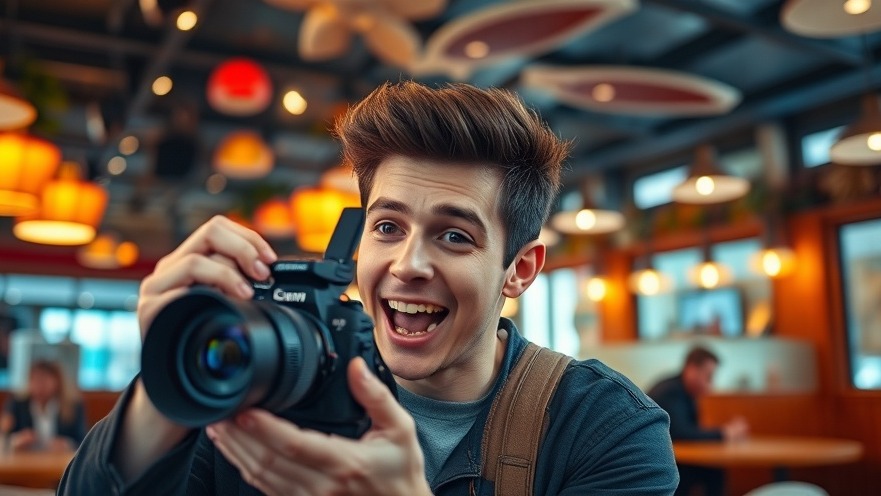Energetic young man creating engaging automotive video content in a vibrant cafe.