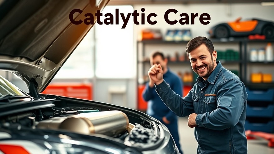 Mechanic performing catalytic converter maintenance in a bright garage.