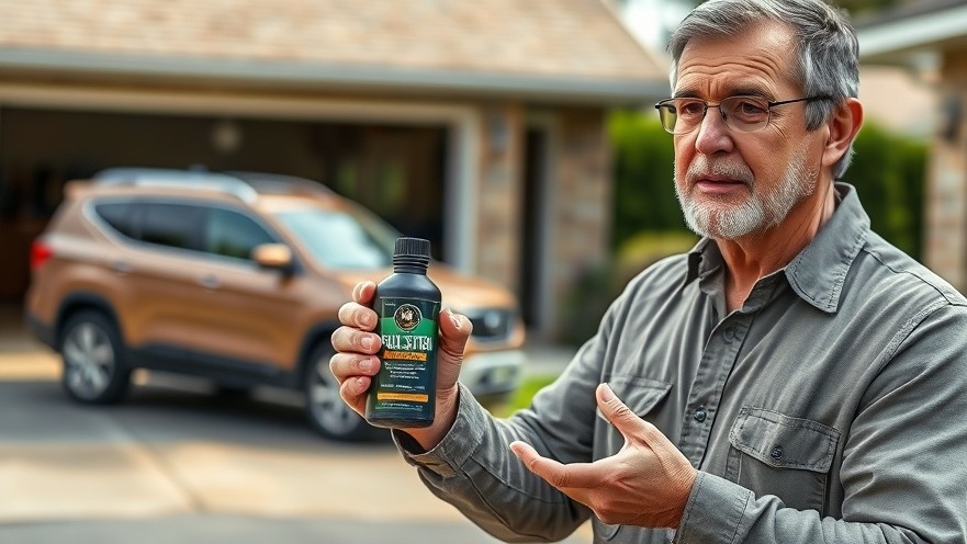 Middle-aged man discussing Toyota Matrix common problems with fuel treatment bottle.