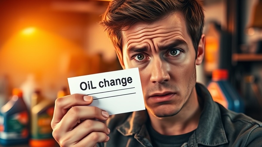 Stressed person holding an oil change reminder in a warm garage setting.