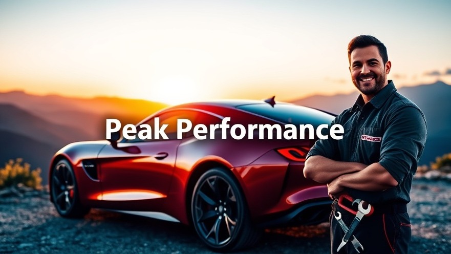 Sleek car at scenic overlook, reflecting sunset colors. 'Peak Performance' theme.
