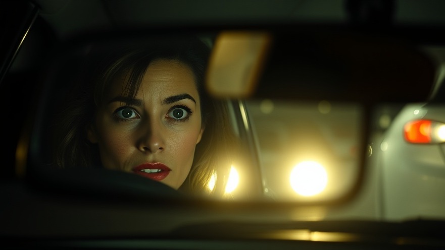 Woman's tense face in rearview mirror, reflecting car safety tips at night.