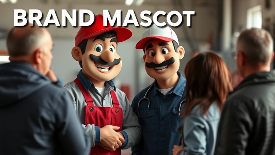 Cheerful brand mascot engaging with customers in a repair shop.