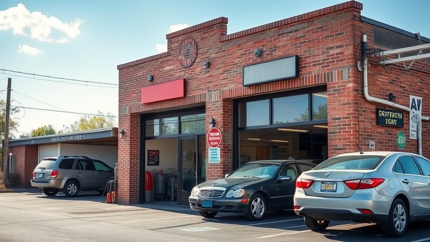 Sunny day at a brick auto shop showing vibrant exterior and inviting atmosphere.