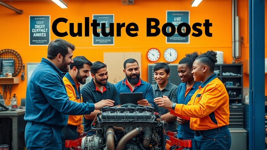 Diverse auto repair team collaborating, highlighting workplace culture and employee growth.