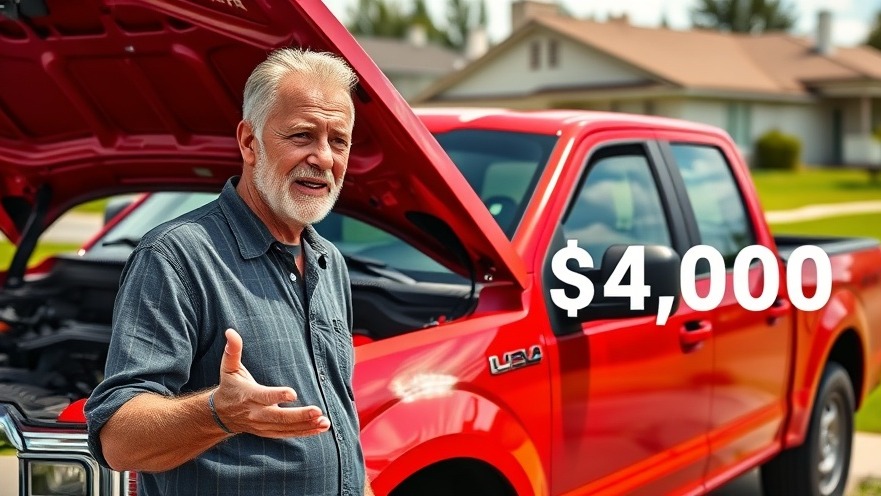 Engaging older man explaining truck buying tips next to a shiny red pickup for $4,000.