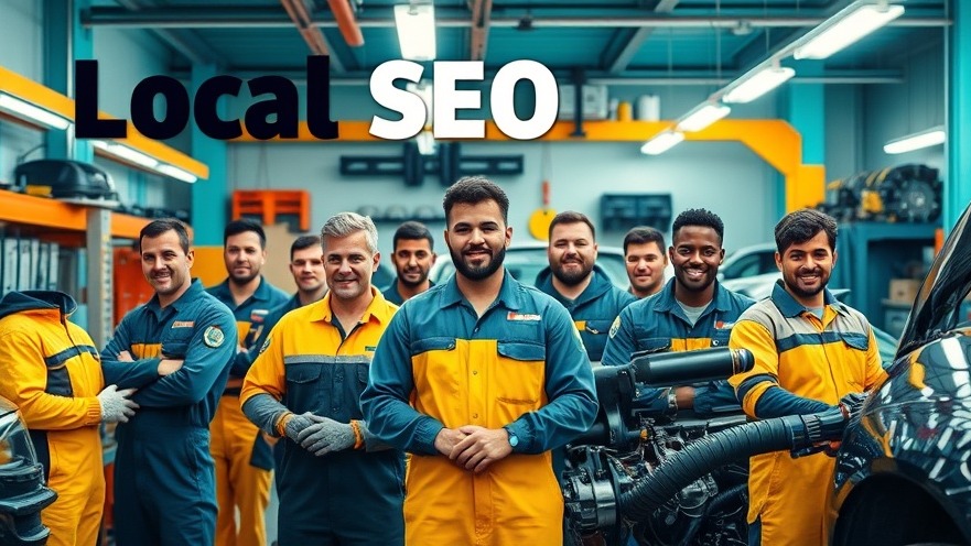 Diverse auto repair technicians collaborating in a vibrant garage, enhancing Local SEO.