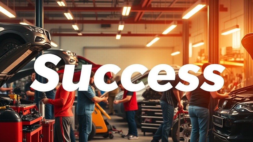 Diverse mechanics collaborate in a vibrant auto shop, promoting vehicle maintenance and community engagement.