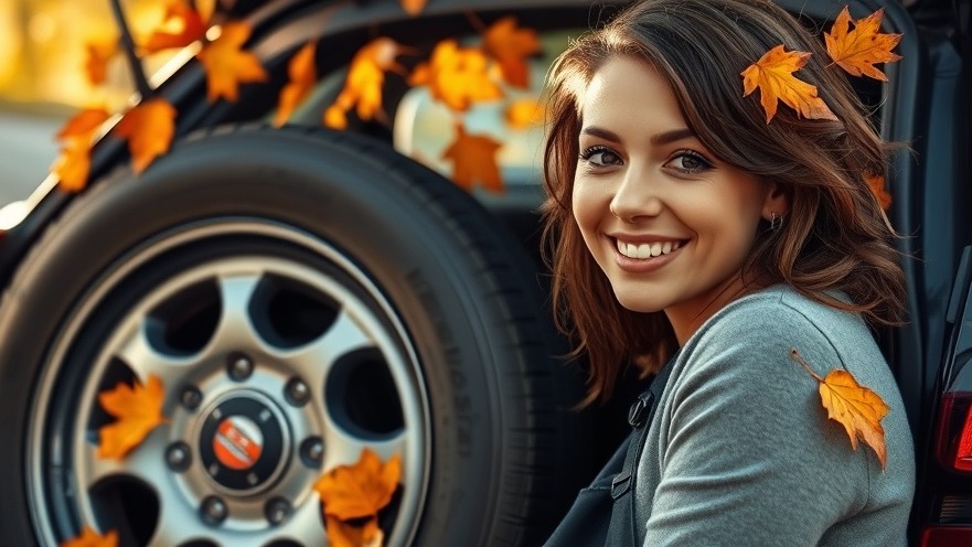 Confident woman smiling beside a spare tire, embracing DIY auto repair and tire change guide.