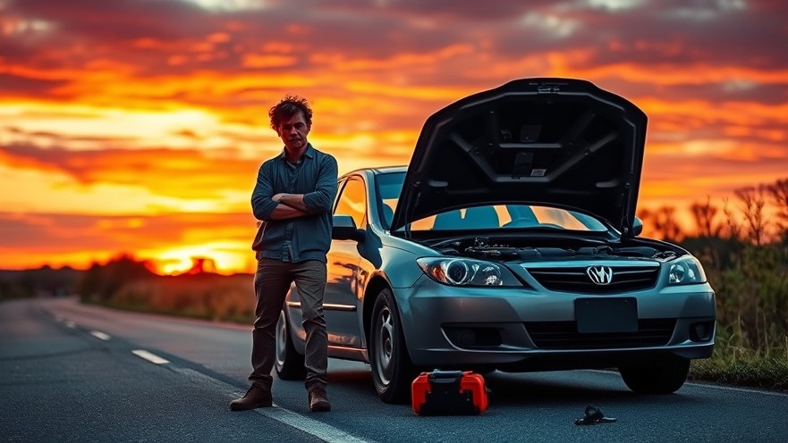 Worried driver with broken-down car at sunset, highlighting urgent emergency repair.