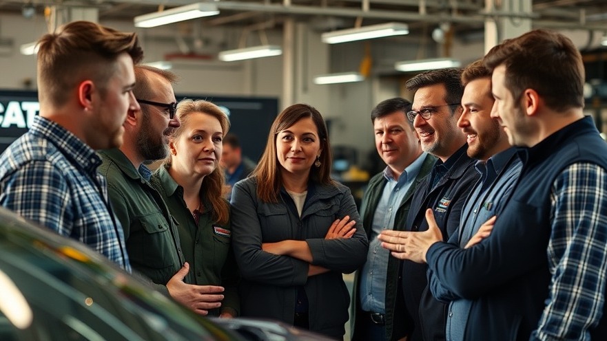 Diverse professionals brainstorming innovative marketing strategies in a modern car workshop.
