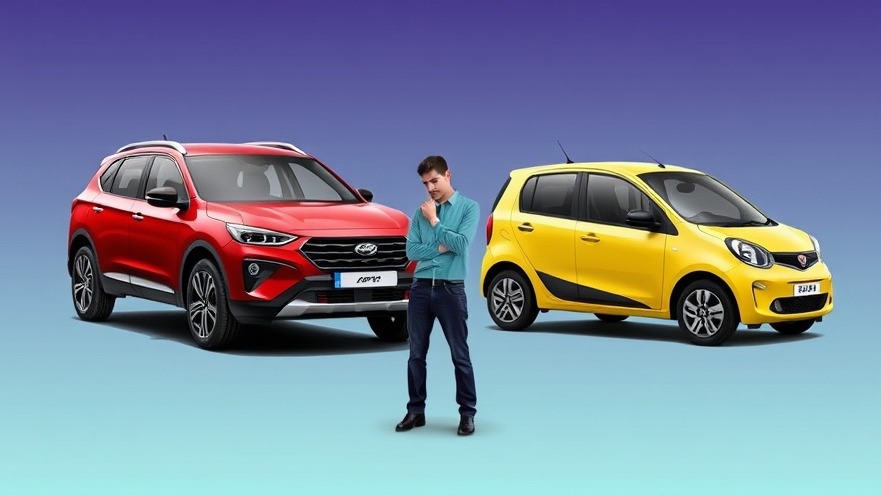 Comparing car ownership costs: red SUV vs yellow compact car with a man contemplating.