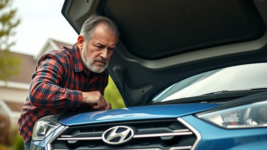 Middle-aged male inspects used Hyundai hood, highlighting maintenance concerns.