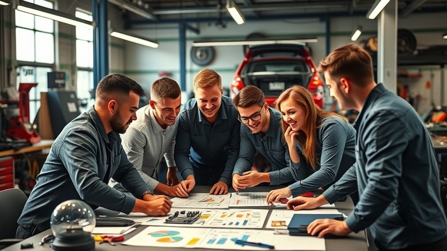 Diverse auto repair team collaborating on digital marketing strategy for local SEO.