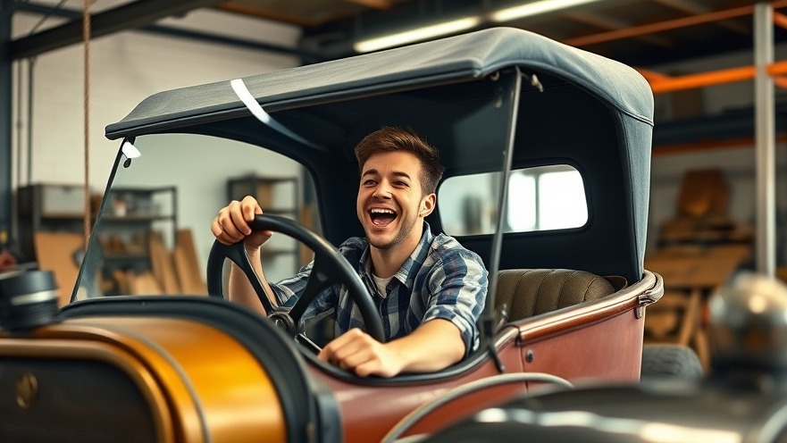 Excited young man in a vintage Model T, showcasing joy in a classic car garage.