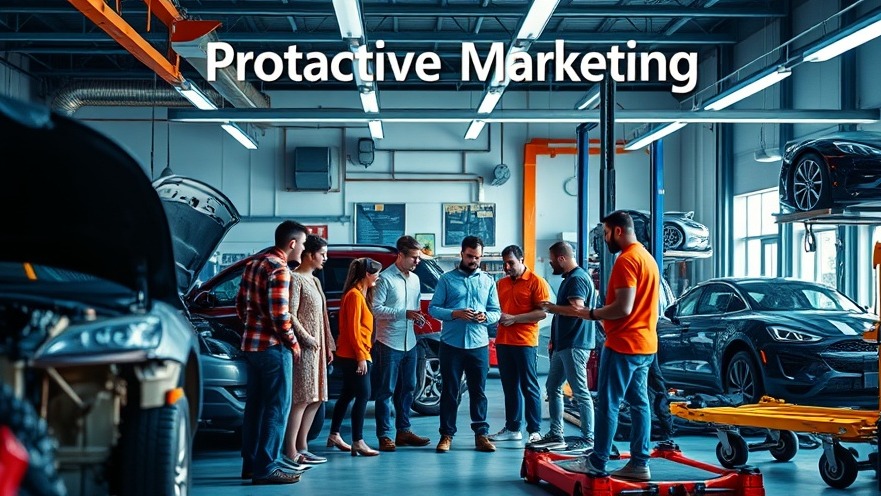 Dynamic team brainstorming in a vibrant collision repair shop for proactive marketing.