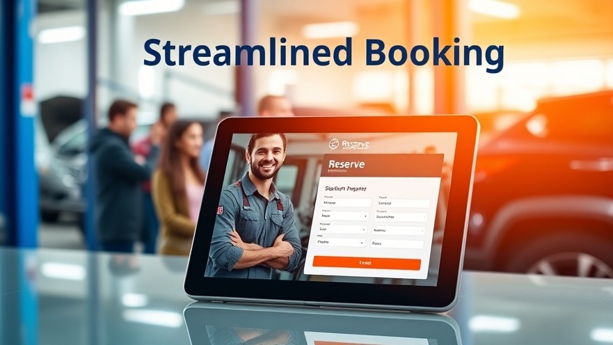 Streamlined booking interface for auto repair technology with a friendly mechanic.