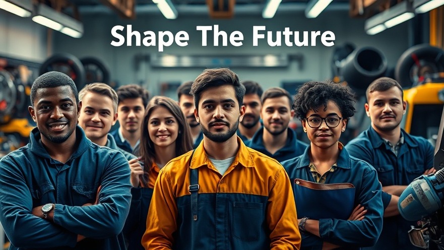 Diverse aspiring automotive professionals showcase determination in a vibrant workshop scene.
