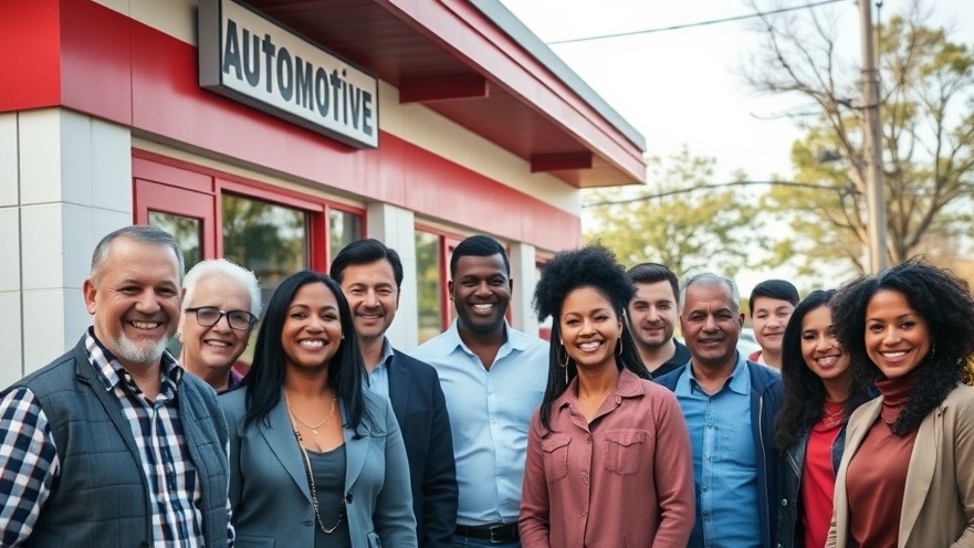 Diverse group of individuals outside an auto repair shop, symbolizing community support for shop owners.