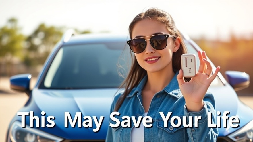 Young woman demonstrating a device for vehicle air quality near a blue car.