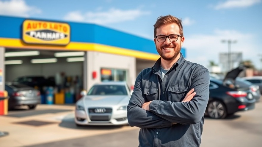 Auto repair business storefront with confident owner highlighting growth