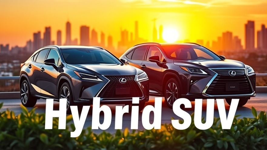 Hybrid SUV: Lexus NX and Toyota Crown Signia showcase fuel-efficient vehicles in a sunset cityscape.