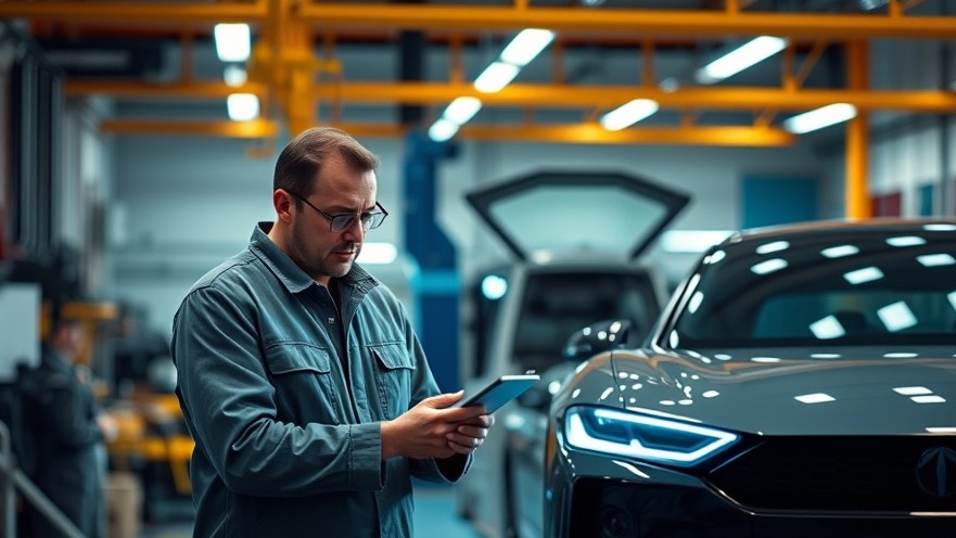 Engineer assesses Rivian production issues amid automaker tariffs impact in a vibrant workshop.
