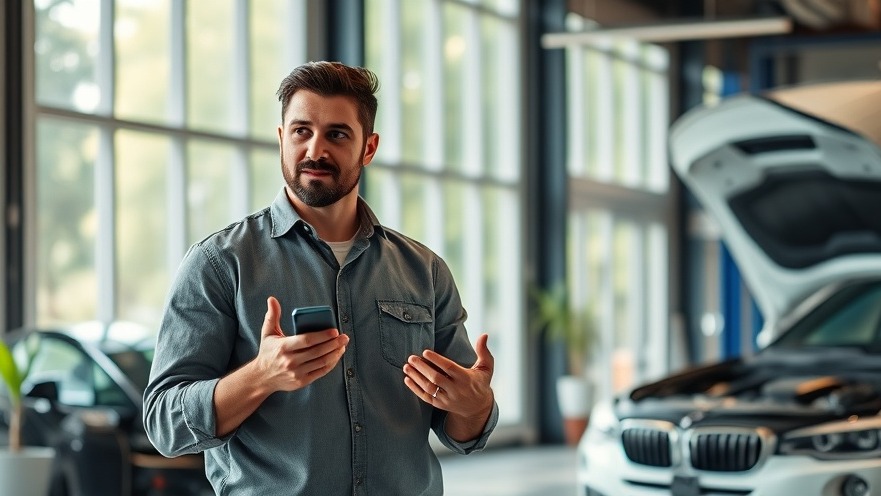Confident man discussing automotive repair practices in a modern shop with green views.