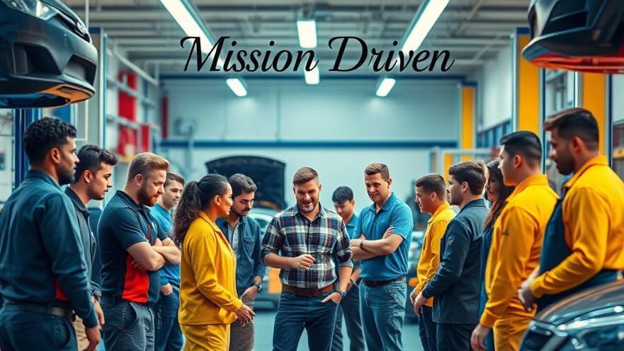 Diverse auto repair team collaborating in a bright garage, showcasing business direction and customer loyalty.