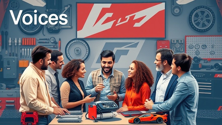 Diverse group discussing automotive repair advice among car parts and tools.
