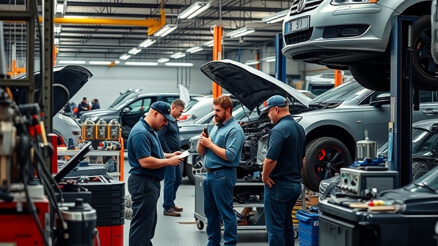 Skilled mechanics at a busy repair shop analyzing collision repair estimates with precision automotive data.