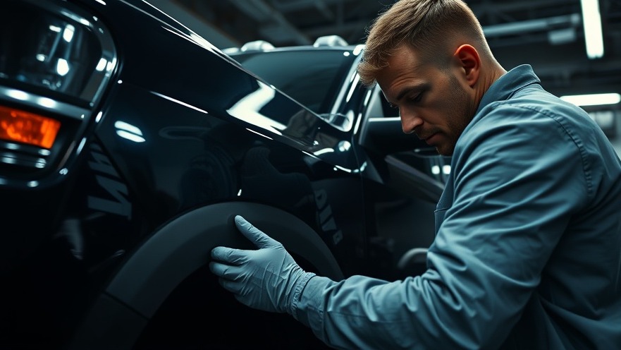 Technician performing truck maintenance by detailing a RAM truck in a dim garage.