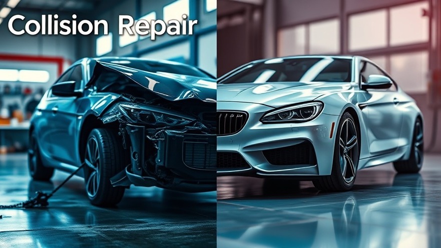 Auto repair innovation shown in a split image: distressed car vs. polished luxury car.